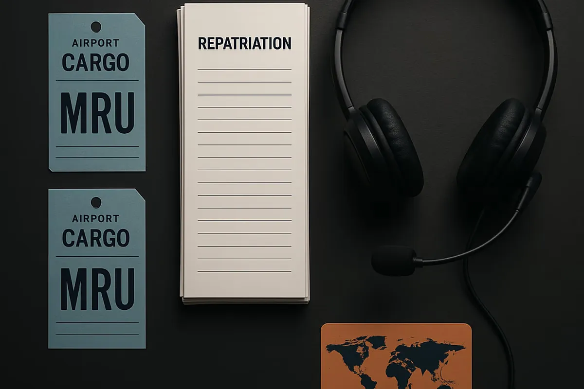 Abstract illustration of emergency repatriation coordination: headset, documents, airplane