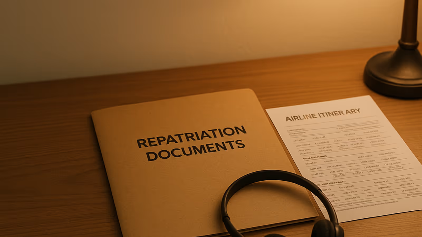 Ilustración abstracta de coordinación de repatriación de emergencia: auricular, documentos, avión