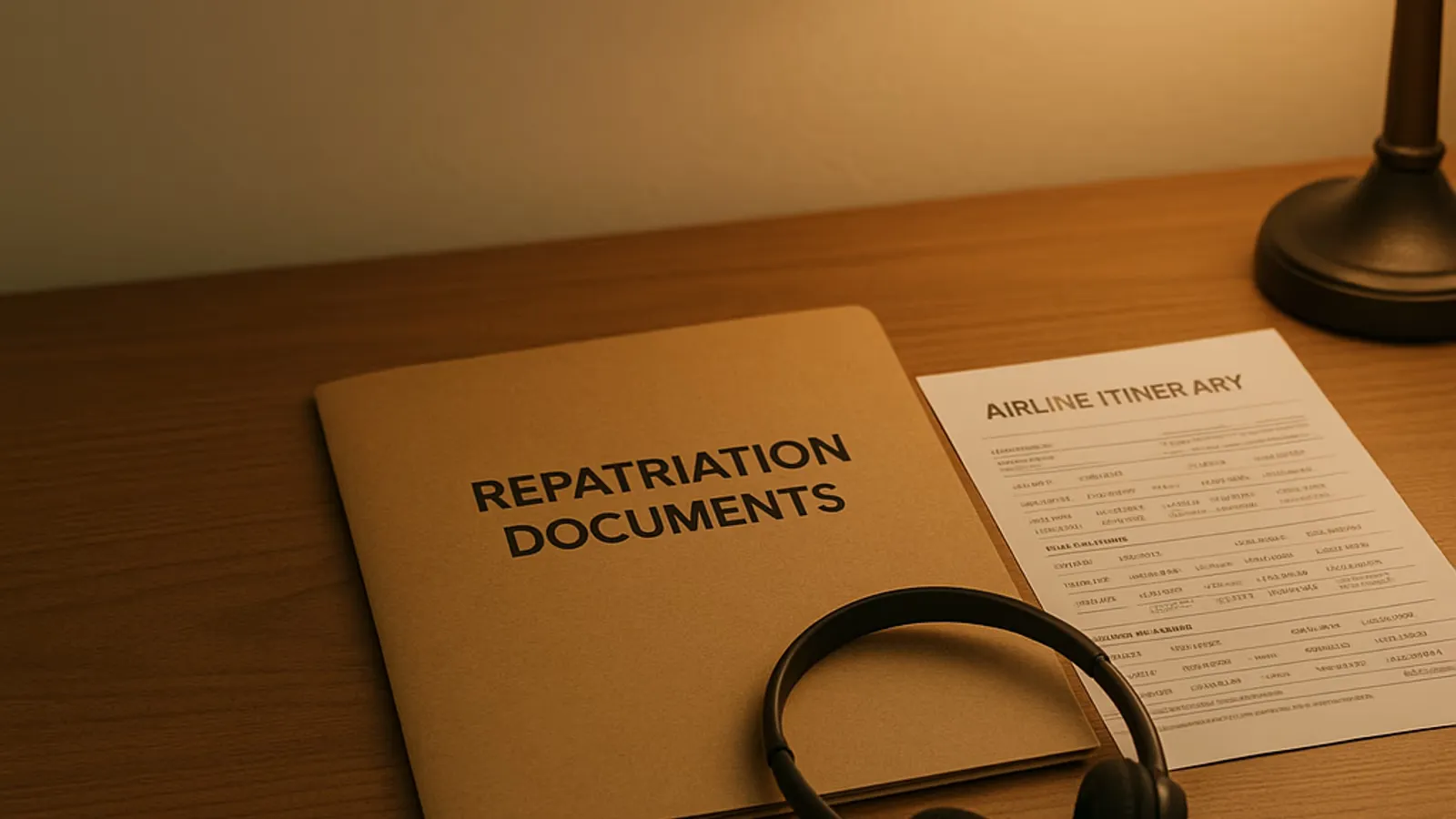 Abstract illustration of emergency repatriation coordination: headset, documents, airplane