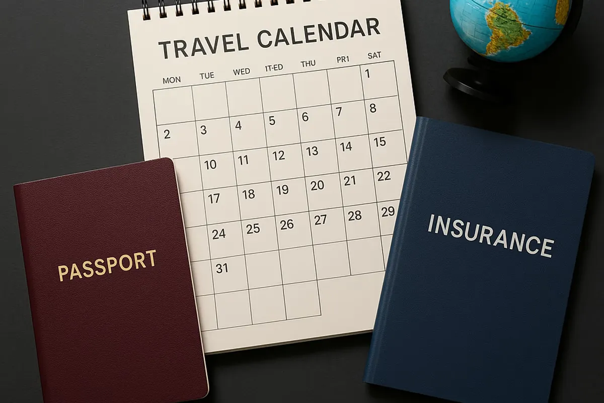 Abstract illustration of prepaid repatriation coverage: passport, globe, shield, calendar