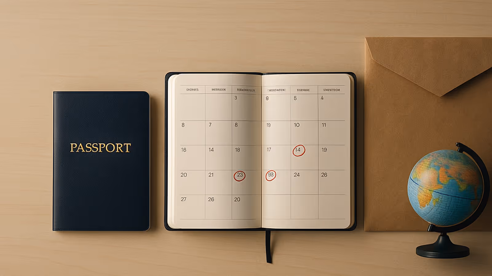 Ilustración abstracta de cobertura de repatriación prepagada: pasaporte, globo, escudo, calendario