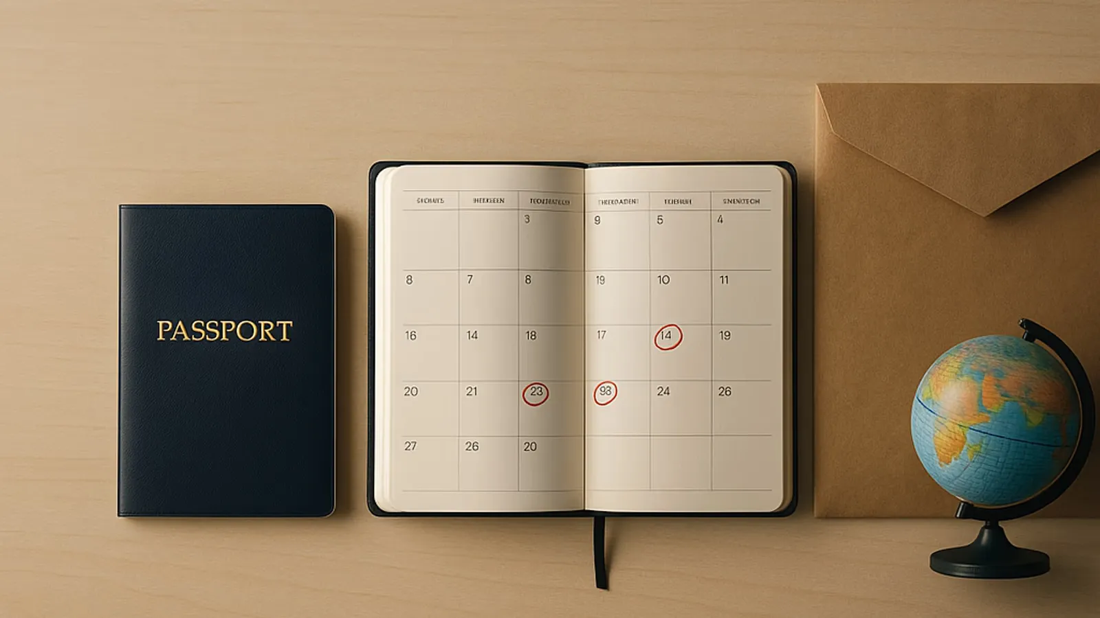 Abstract illustration of prepaid repatriation coverage: passport, globe, shield, calendar